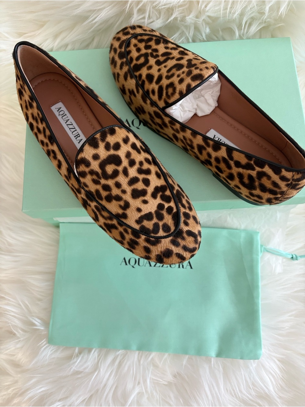 New-with Box AQUAZZURA GUANTO Leopard Calf Hair LOAFERS SZ 35 1/2 EU 5 1/2 US
